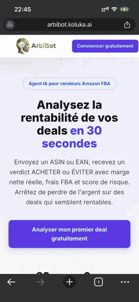 Démonstration ArbiBot : landing page, inscription Telegram, paiement Stripe, activation Pro, analyse ASIN avec verdict ÉVITER